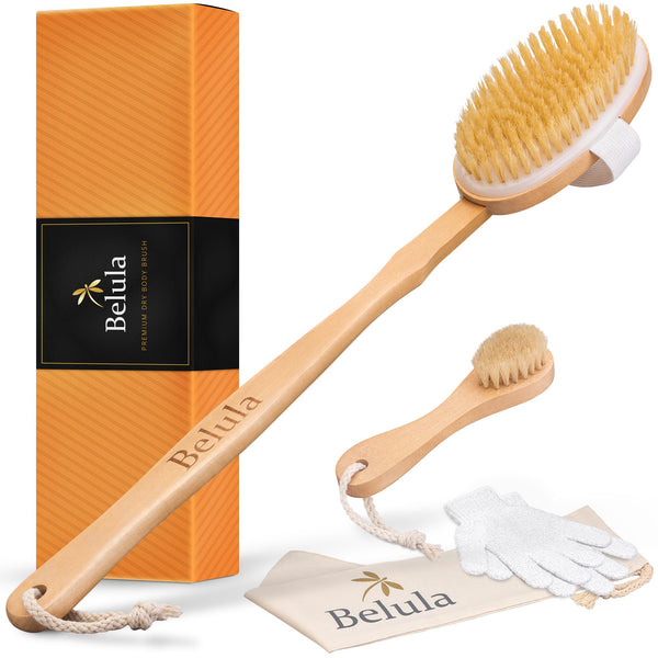 Belula Premium Dry Brushing Body Brush Set- Natural Boar Bristle Body Brush, Exfoliating Face Brush & One Pair Bath & Shower Gloves. Free Bag & How to – Great Gift for A Glowing Skin & Healthy Body