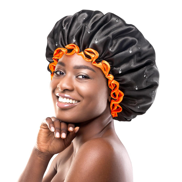 mikimini Large Shower Cap for Women Long Hair, Black, Reusable Waterproof Double Layers XL Washable Odorless High-Quality Shower Cap for Men with Vibrant Orange Edge X-Large (Pack of 1) Black+Orange