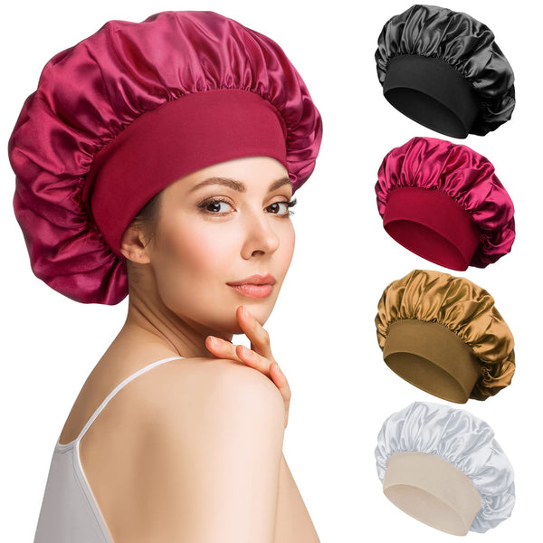 2pcs Satin Bonnet Silk Bonnet for Curly Hair, Hair Bonnet Silk Hair Wrap for Sleeping, Night Sleep Cap for Women Black, Red, Gold, Silver
