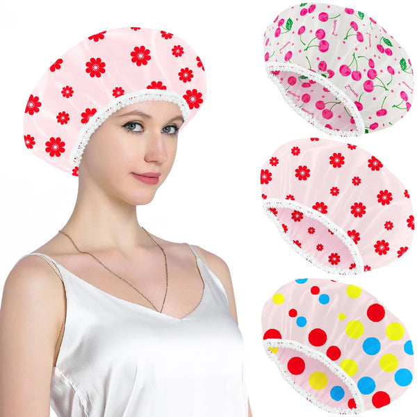 Coopache 3 Pack Shower Caps, Waterproof Bath Cap, Reusable Plastic Shower Caps, Elastic Band Hair Bath Caps for Women and Men Flower Multicolor